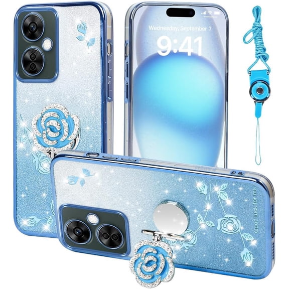 BDKWID-for Oneplus Nord N30 Case, Mobile Phone Case for Plus One 1+ Cute Soft Slim Cover for Girls Women with Ring Stand Strap Lanyard Shockproof Protective Cover for Oneplus 1+Nord N30 (Blue)