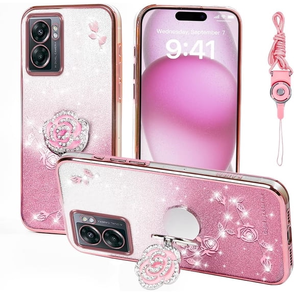 BDKWID-for Oneplus Nord N300 Case, Mobile Phone Case for Plus One 1+ Cute Soft Slim Cover for Girls Women with Ring Stand Strap Lanyard Shockproof Protective Cover for Oneplus 1+Nord N300(Rose Gold)