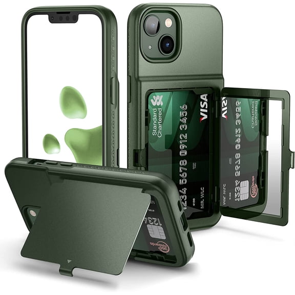 BDKWID-for iPhone 13 / iPhone 14 Wallet Case with Credit Card Holder & Hidden Mirror, Two Layer Shockproof Heavy Duty Protection Cover Protective Case for iPhone 13/14 6.1 Inch-Green