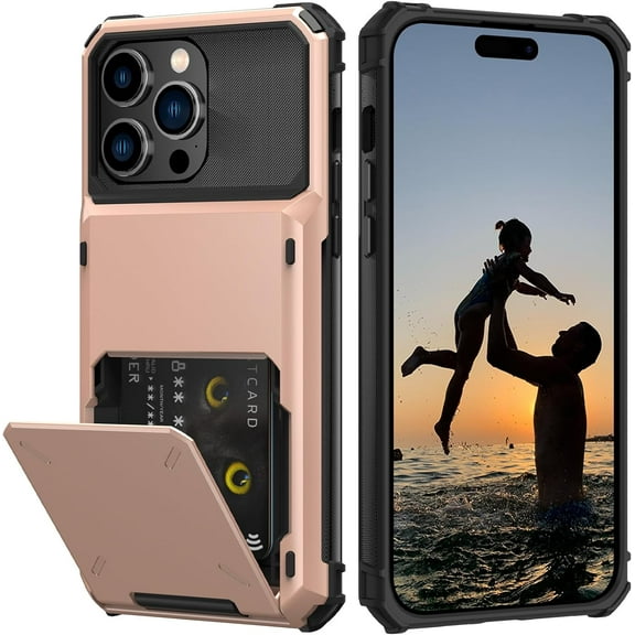 BDKWID-for iPhone 15 Pro Max Case with Card Holder[Store 5 Cards] Dual Layer Heavy Duty Shockproof Wallet Case with Hidden Card Slot Storage Cover for iPhone 15 Pro Max(Rose Gold)