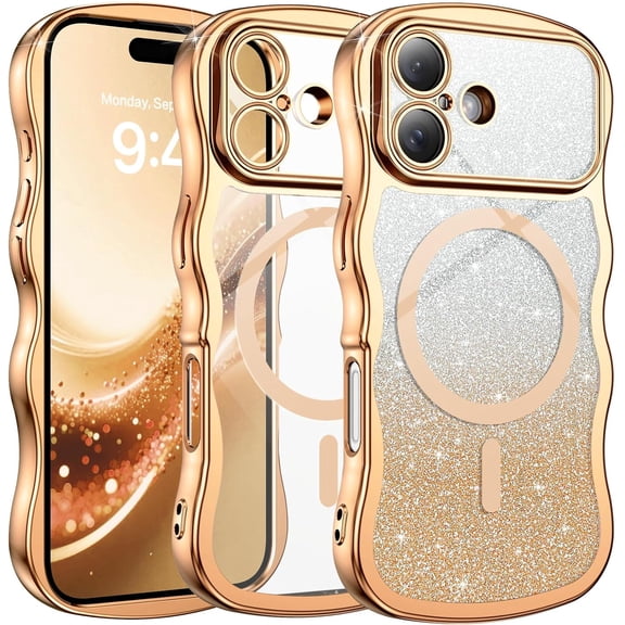 BDKWID-for iPhone 17 Case Clear, [Compatible with MagSafe][Full Camera Protection][Cute Wave Frame][DIY Glitter Cardstock] Electroplated Wavy Shockproof 17 Phone Case 6.3", Desert Titanium