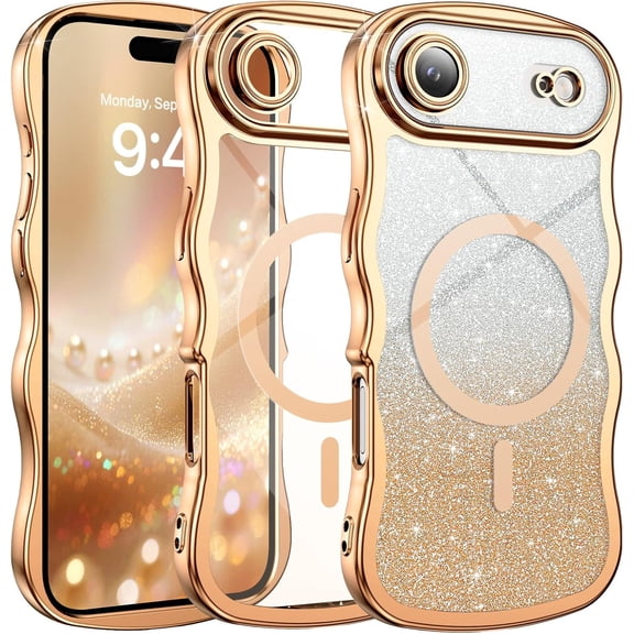 BDKWID-for iPhone Air Case Clear, [Compatible with MagSafe][Full Camera Protection][Cute Wave Frame][DIY Glitter Cardstock] Electroplated Wavy Shockproof 17 Air Phone Case 6.5", Desert Gold