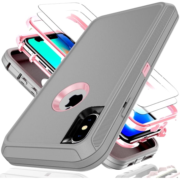 BDKWID-for iPhone X Case,iPhone Xs Case with Explosion-Proof Film[2 Pack],3 in 1 Shockproof TPU Hard PC Bumper Drop-Proof Shell for iPhone X/XS Lihgt Gray/Pink