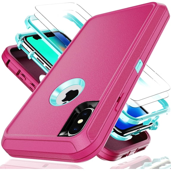 BDKWID-for iPhone X Case,iPhone Xs Case with Explosion-Proof Film[2 Pack],3 in 1 Shockproof TPU Hard PC Bumper Drop-Proof Shell for iPhone X/XS Pink/Sky Blue