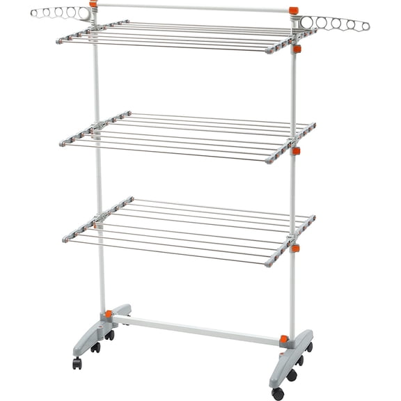 BDP-V23 Foldable Rolling 3-Tier Clothes Laundry Drying Rack with Stainless Steel Hanging Rods, Collapsible Shelves and Base for Easy Storage, Made-in-Korea, Premium Size, Orange