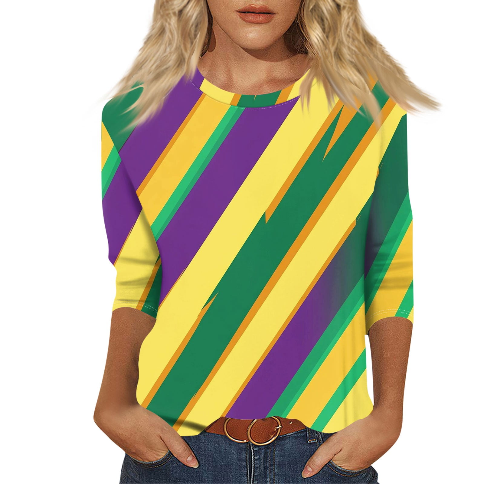 BDPORKAS 2025 Fashion Mardi Gras Womens Blouses 3/4 Sleeve Mask Print
