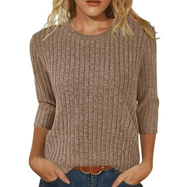 BDPORKAS 3/4 Sleeve T Shirts for Women Ribbed Knit Blouses Lightweight Solid Color Fall Trendy Crew Neck Tees