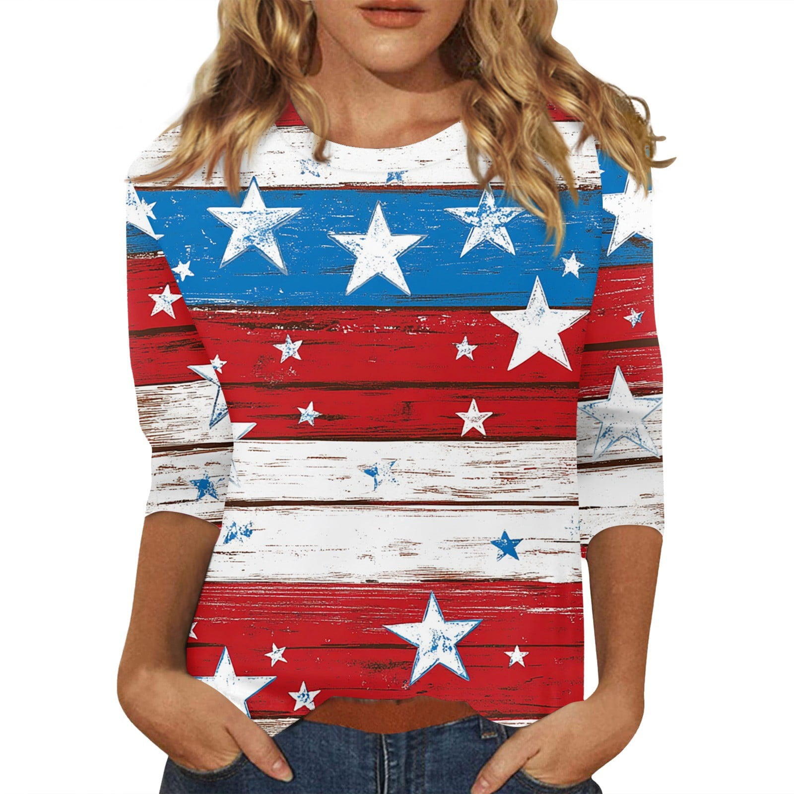 Women's 4th Of July Patriotic V-Neck T-Shirt - American Flag Print Faith Family Freedom Tee, Blue, Size Large