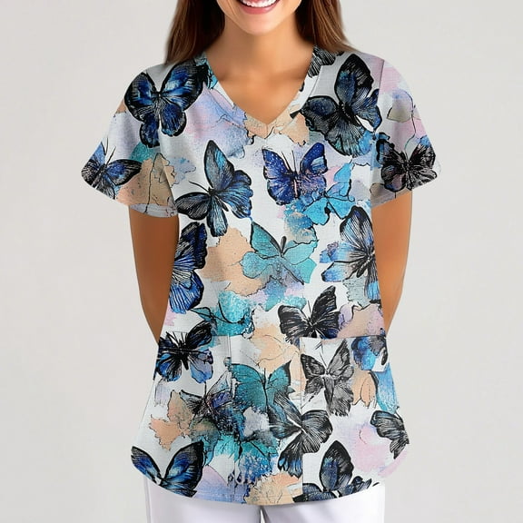 BDPORKAS Butterfly Scrubs for Women Stretchy Nurse Scrub Top V-Neck Casual Nursing Tops