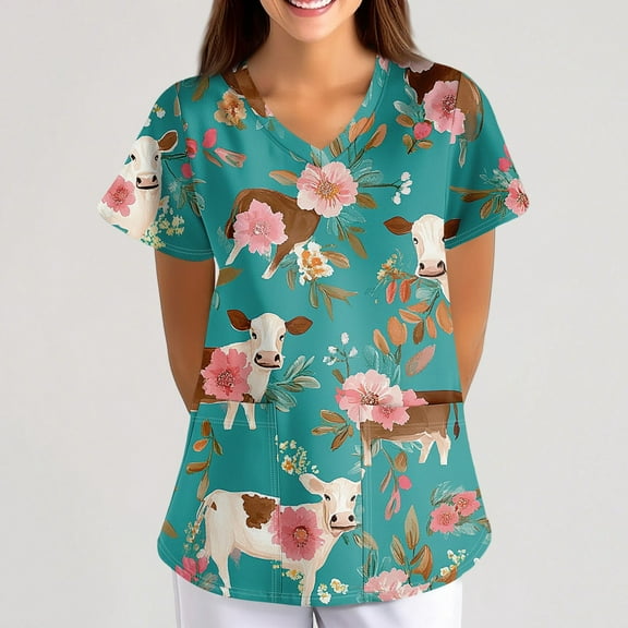 BDPORKAS Butterfly Scrubs for Women Stretchy Nurse Scrub Top V-Neck Casual Nursing Tops