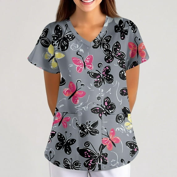 BDPORKAS Butterfly Scrubs for Women Stretchy Nurse Scrub Top V-Neck Casual Nursing Tops