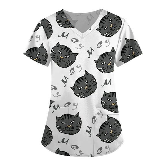 BDPORKAS Cartoon Scrub Tops for Women with Pockets Cute Cat Print V-Neck Scrubs Soft Comfortable Nursing Uniform Workwear