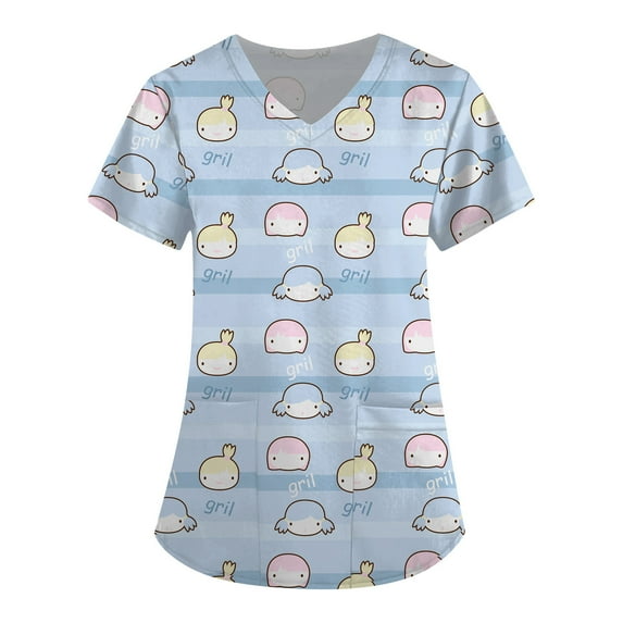 BDPORKAS Cartoon Scrub Tops for Women with Pockets Cute Cat Print V-Neck Scrubs Soft Comfortable Nursing Uniform Workwear