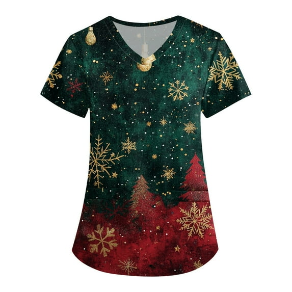 BDPORKAS Christmas Print Scrub Tops Women Cute Xmas Print Plus Size Fun Short Sleeve V Neck Blouse Tee Top Working Uniform Medical Scrubs for Women Workwear