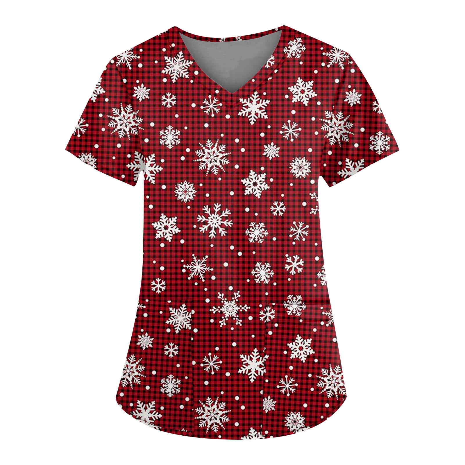 BDPORKAS Christmas Print Scrub Tops Women Scrubs Tops 2 Pockets VNeck