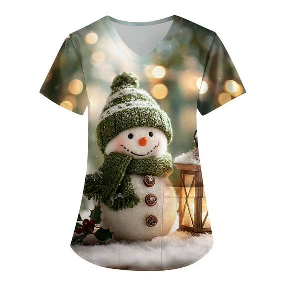 BDPORKAS Christmas Scrub Tops Women Nurse Uniforms Lightweight Short Sleeve Nursing Scrub Cute Santa Snowman Print Comfortable Fit Nursing Blouse T-Shirt