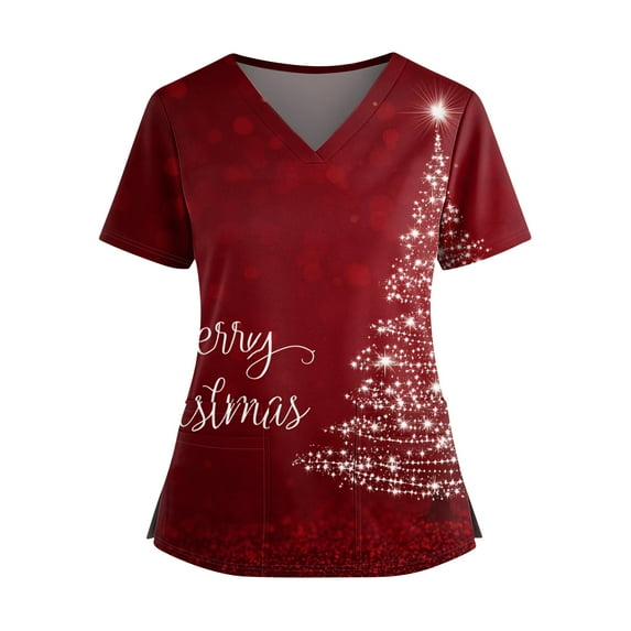 BDPORKAS Christmas Scrub Tops for Women with Pockets Cute Santa Print V-Neck Scrubs Soft Comfortable Nursing Uniform Workwear
