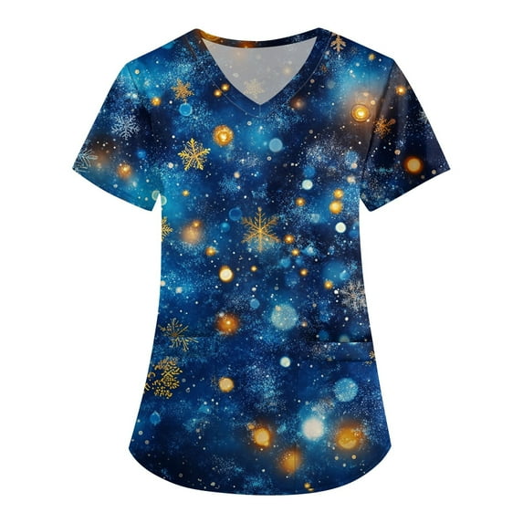 BDPORKAS Christmas Scrub Tops for Women with Pockets Cute Santa Snowman Print V-Neck Scrubs Soft Comfortable Nursing Uniform Workwear