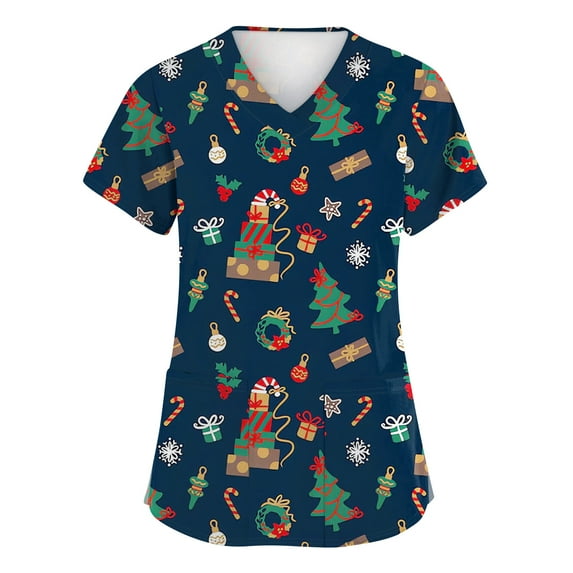 BDPORKAS Christmas Scrubs for Women Nurse Uniforms Short Sleeve V Neck Holiday Graphic Tees Christmas Shirts Scrub Tops