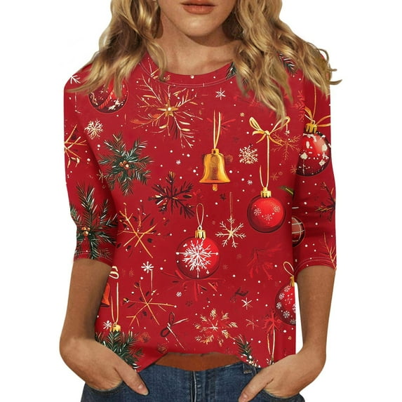 Christmas Shirts for Women Christmas Tops for Women Cute Christmas Tree Print Xmas Tshirts Dressy Trendy 3/4 Sleeve Tunic Tops for Women Christmas Costume Outfits