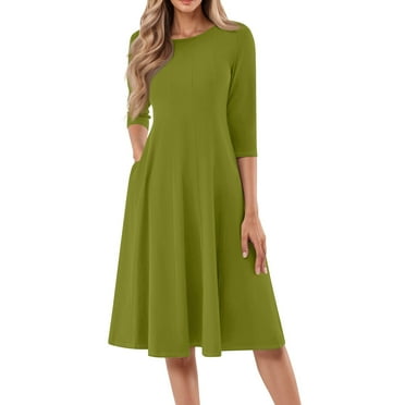BDPORKAS Dresses for Women Midi 3/4 Sleeve Loose A-Line Crew Neck Flared 2025 Spring Trendy Slim Fit Dress