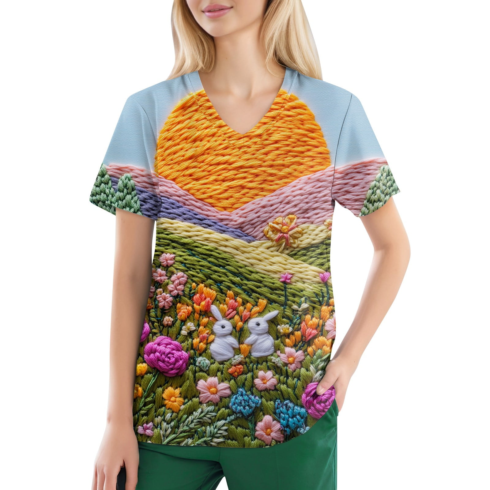 BDPORKAS Easter Scrub Tops Women Short Sleeve V Neck Nurse Working ...