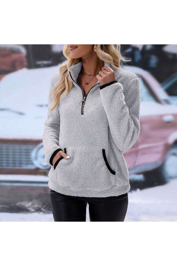 Fleece Quarter Zip Pullover Women Comfy Sherpa Half Zip Sweatshirts Fluffy Soft Sweaters Jacket Coats with Pockets