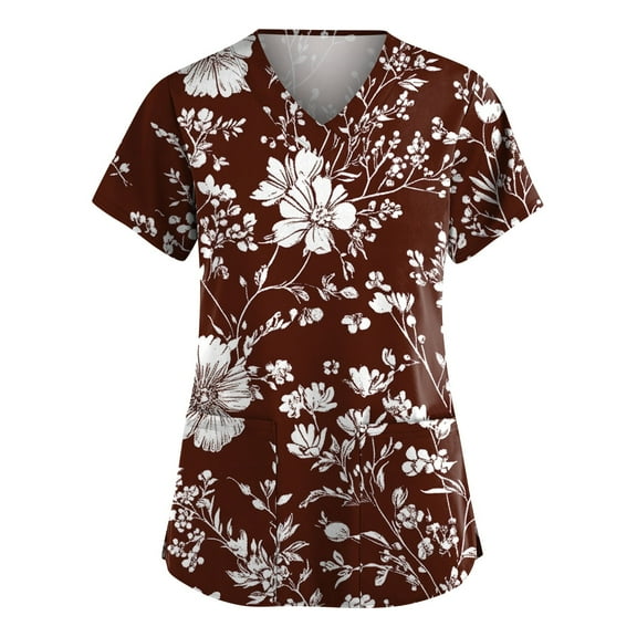 BDPORKAS Floral Scrubs for Women Stretchy Nurse Scrub Top V-Neck Casual Short Sleeve Nursing Tops