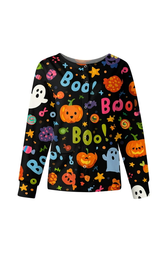 Halloween Scrubs For Women Long Sleeve Scrub Jackets, Cute Pumpkin Print Graphic Holiday Scrub Jacket Coat Holiday Scrubs Tops