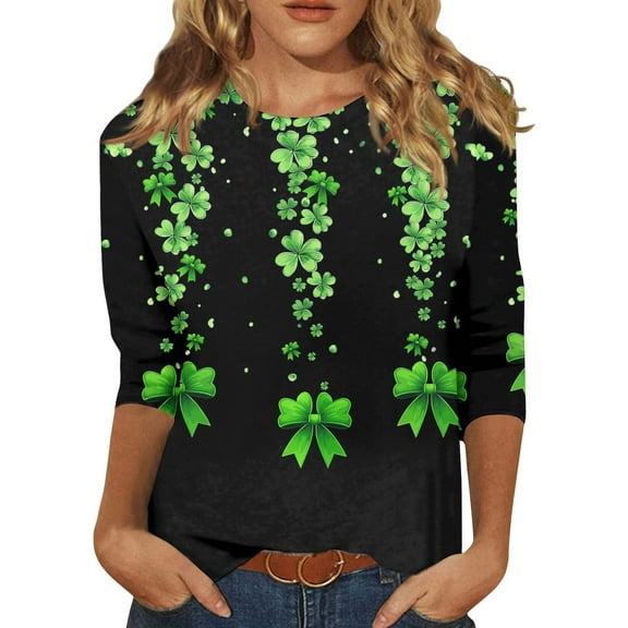 BDPORKAS Irish Lucky Clover Saint Patricks Day Shirts Women 3/4 Sleeve Tops for Women Crew Neck Pullover Graphic Tee Tops Teacher Saint Patricks Day Shirts
