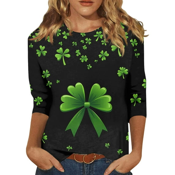 BDPORKAS Irish Lucky Clover Saint Patricks Day Shirts Women 3/4 Sleeve Tops for Women Crew Neck Pullover Graphic Tee Tops Teacher Saint Patricks Day Shirts