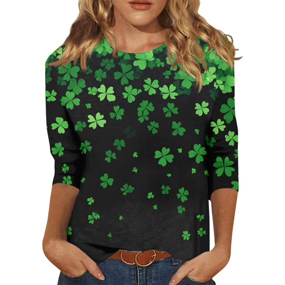 BDPORKAS Irish Lucky Clover St. Patricks Day Shirts for Women 3/4 Length Sleeve Womens Tops Crew Neck Funny Tunic Tops for Women Plus Size St Patricks Day Outfits