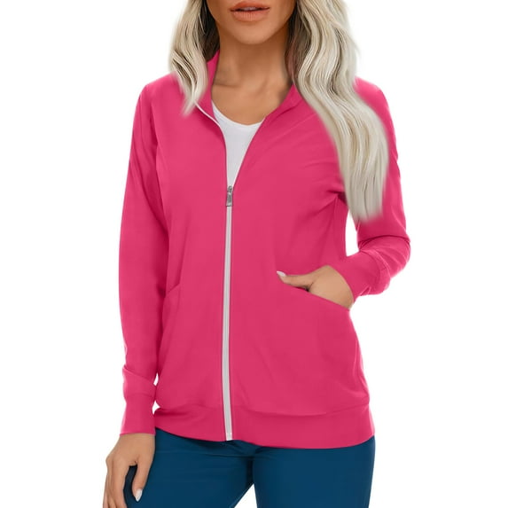 BDPORKAS Long Sleeve Scrub Tops Women Solid Color Medical Uniform Tops Plus Size Stretch Nursing Jacket Tops