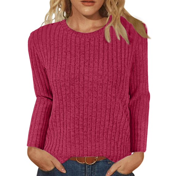 BDPORKAS Long Sleeve Shirts for Women Knitted Tunic Tops Loose Fit Dressy Crew Neck Pullover Basic Sweaters for Women 2024 Hot Pink L