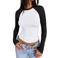 thumbnail image 1 of BDPORKAS Long Sleeve Tops for Women Raglan Slim Fitted Colorblock Crewneck Cropped Top, 1 of 4