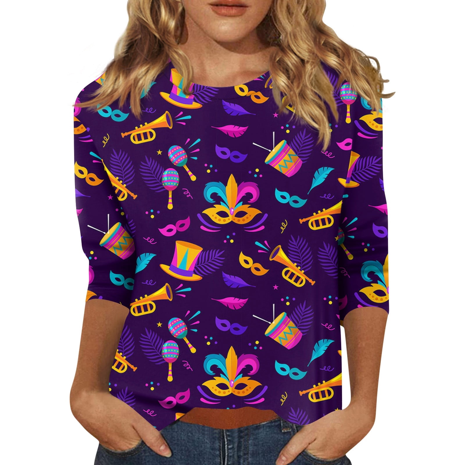 BDPORKAS Mardi Gras Clothes for Women 3/4 Sleeve Tshirts Shirts for ...
