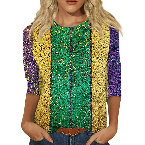 BDPORKAS Mardi Gras Shirts Women 3/4 Sleeve Parade Blouses Carnival Mask Graphic Print Tunic Tops Casual Loose Fit Pullover Tee