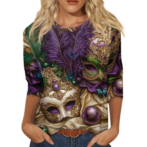 BDPORKAS Mardi Gras Shirts for Women 3/4 Length Sleeve Womens Tops Party Parade Blouses Pullover Glitter Mask Printed Plus Size Mardi Gras Outfit