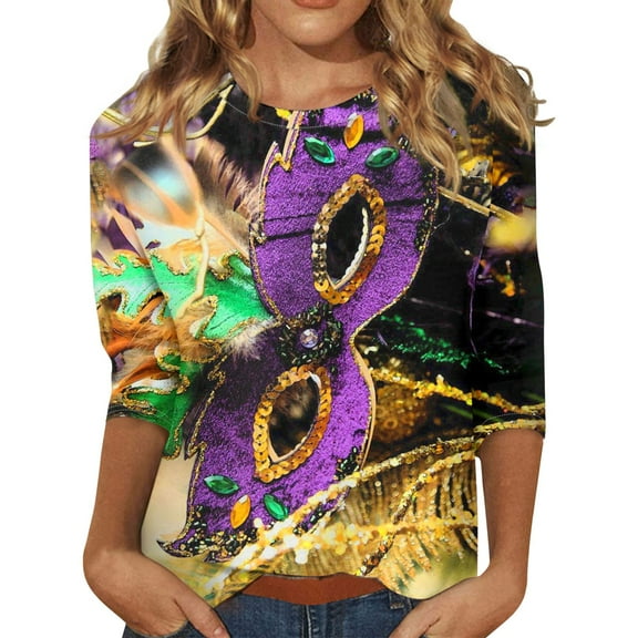 BDPORKAS Mardi Gras T Shirts for Women 3/4 Length Sleeve Womens Tops Graphic Tees Novelty Party Blouses Glitter Mask Printed Crew Neck Funny Mardi Gras Clothing