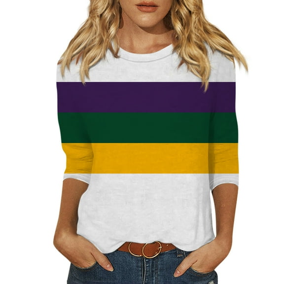 BDPORKAS Mardi Gras T Shirts for Women 3/4 Sleeve Tops for Women 2025 Trendy Holiday Party Blouses Carnival Mask Print Crew Neck Funny Mardi Gras Outfit