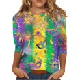 thumbnail image 1 of BDPORKAS Mardi Gras T Shirts for Women 3/4 Sleeve Round Neck Carnival Costume Mask Print Funny Gifts Parade Tshirt Plus Size Mardi Gras Outfit, 1 of 5