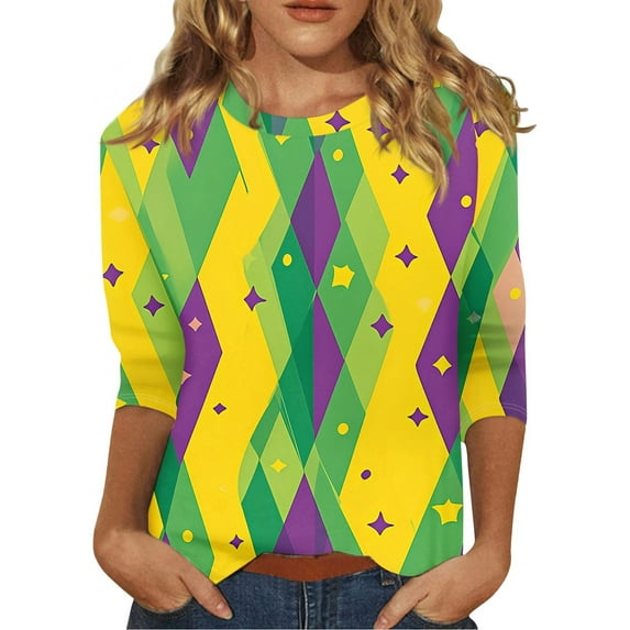 BDPORKAS Mardi Gras T Shirts for Women 3/4 Sleeve Round Neck Carnival Costume Mask Print Funny Gifts Parade Tshirt Plus Size Mardi Gras Outfit