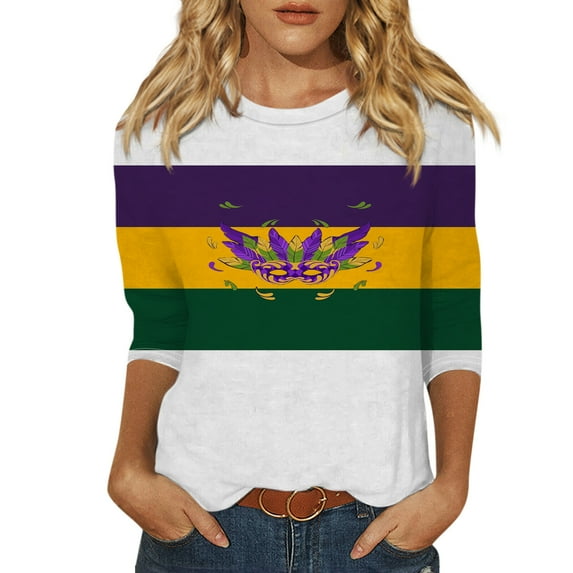 BDPORKAS Mardi Gras Tops for Women 3/4 Sleeve Mardi Gras Shirts Graphic Mask Printed Three Quarter Sleeve Carnival Themed Party Tshirt