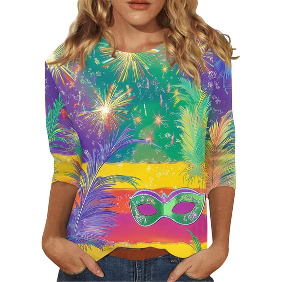 BDPORKAS Mardi Gras for Women Shirt 3/4 Sleeve Round Neck Carnival Costume Mask Print Funny Gifts Parade Tshirt Plus Size Mardi Gras Clothes