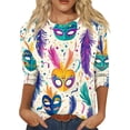 thumbnail image 1 of BDPORKAS Mardi Gras for Women Shirt 3/4 Sleeve Round Neck Carnival Costume Mask Print Funny Gifts Parade Tshirt Plus Size Mardi Gras Clothes, 1 of 5