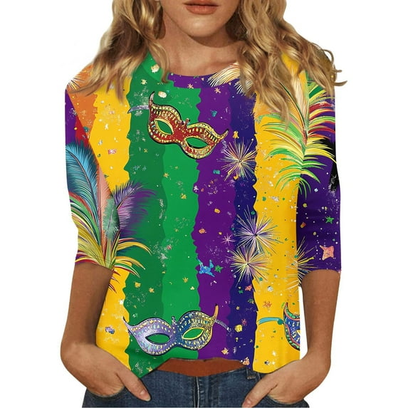 BDPORKAS Mardi Gras for Women Shirt 3/4 Sleeve Round Neck Carnival Costume Mask Print Funny Gifts Parade Tshirt Plus Size Mardi Gras Clothes