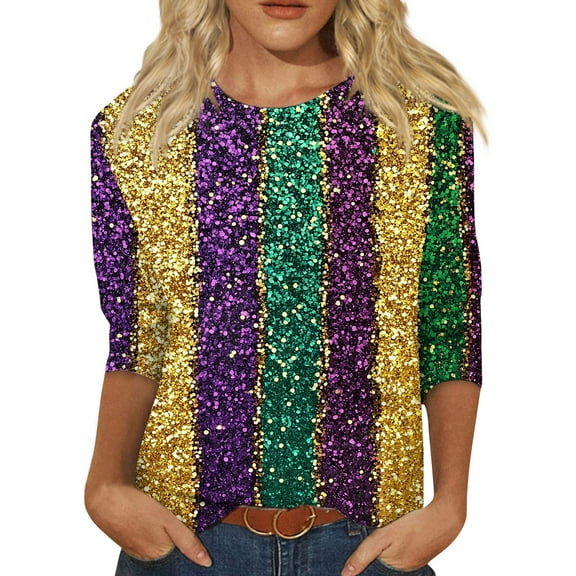 BDPORKAS Mardi Gras for Women Shirt 3/4 Sleeve Round Neck Carnival Costume Mask Print Funny Gifts Parade Tshirt Plus Size Mardi Gras Clothes