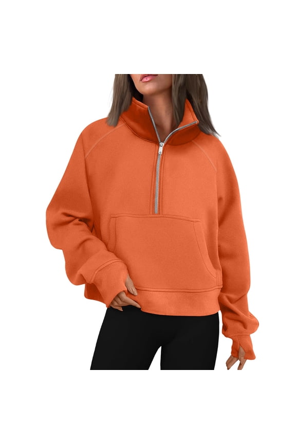 Oversized Half Zip Women's Sweatshirt Pullover Jacket with Thumb Holes Orange M