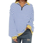 BDPORKAS Oversized Sweatshirt for Women Fall Fashion Hoodies Half Quarter Zip Pullover Sweaters Long Sleeve Drop Shoulder Striped Shirt Athletic Winter Clothes Blue L