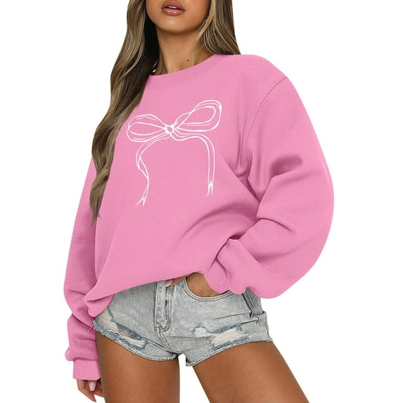 BDPORKAS Oversized Sweatshirt for Women Embroidered Pink Bow Y2K Hoodie Casual Long Sleeve Crew Neck Pullover Tops A016-